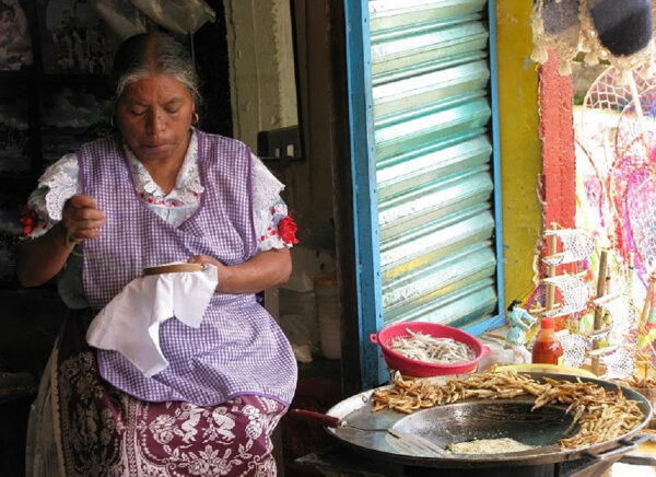 A woman sits to the left side of the photo with grey hair pulled back and tanned skin and she looks down at her needle work. She is wearing gold hoops, a purple checkered apron, and a white and maroon patterned outfit. She is sitting next to a frying pan with ingredients inside it and an open window that features blue, yellow and red colors.