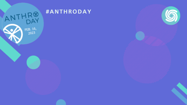 Zoom background design featuring a purple background. The AnthroDay logo is in the upper left corner with the words “Celebrate. Engage. Inspire.”