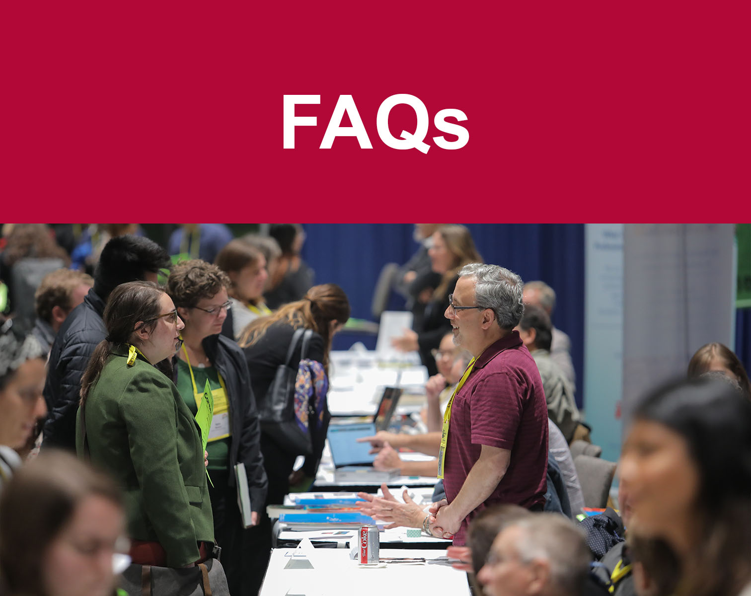 Frequently Asked Questions on Member referral program with an image of people gathering around an exhibit hall