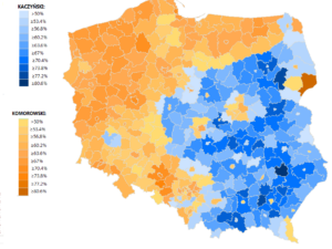 A map of Poland with voting districts filled in with blue or orange.
