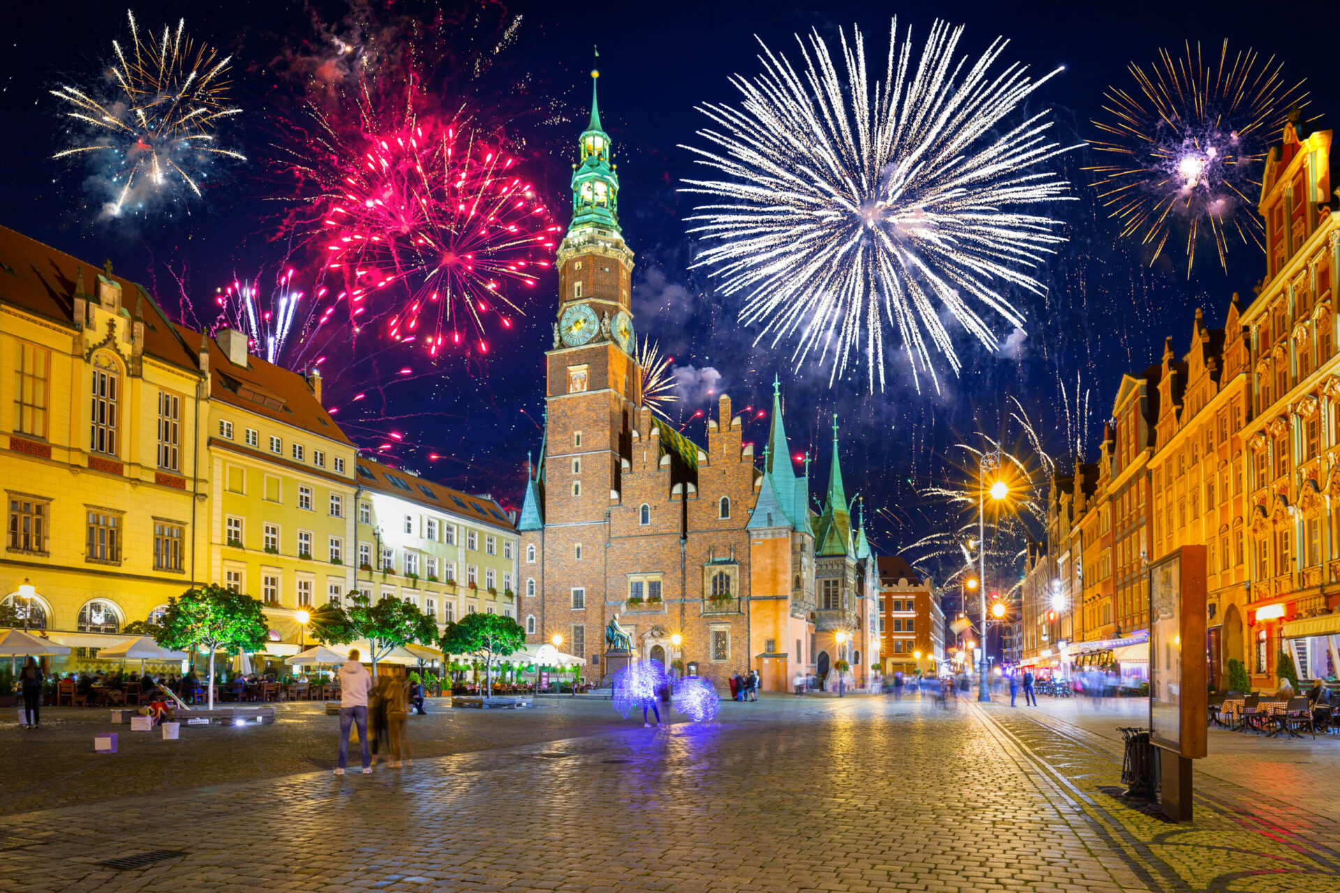 New Years firework display over the Wrocaw old town. Poland