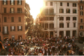 Crowded city block full of people